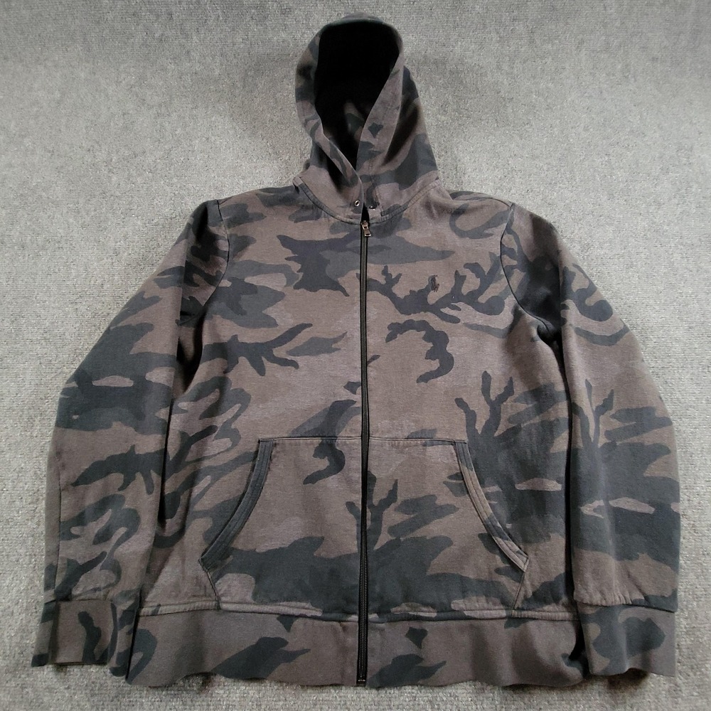 Polo Ralph Lauren Hoodie Mens XL Gray Camo Full Zip Fleece Sweatshirt Pony Logo
